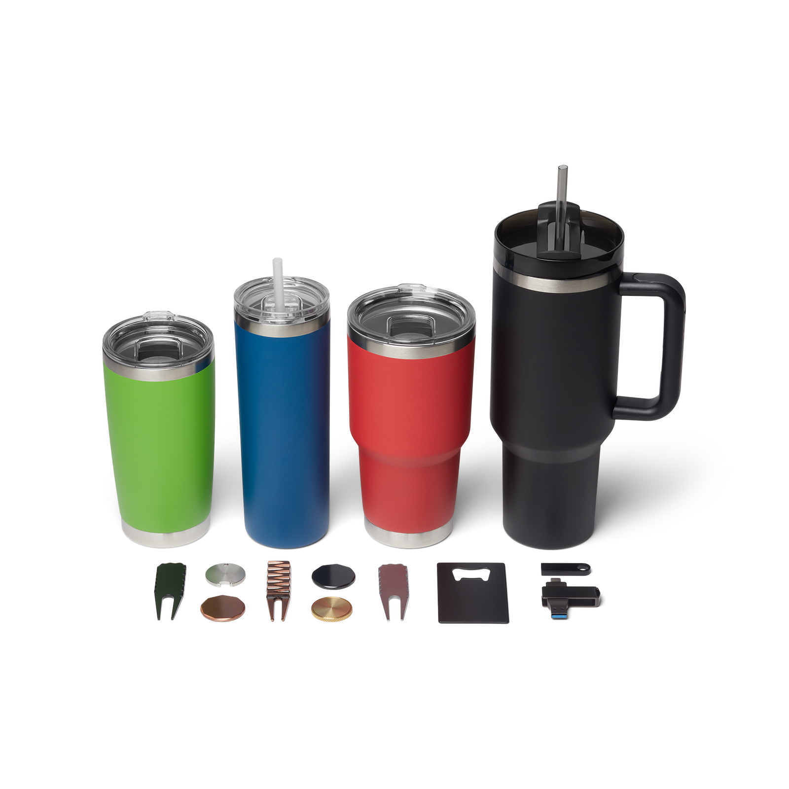 The Llama Laser product line — powder-coated tumblers, divot tools, ball markers, bottle openers, and USB drives