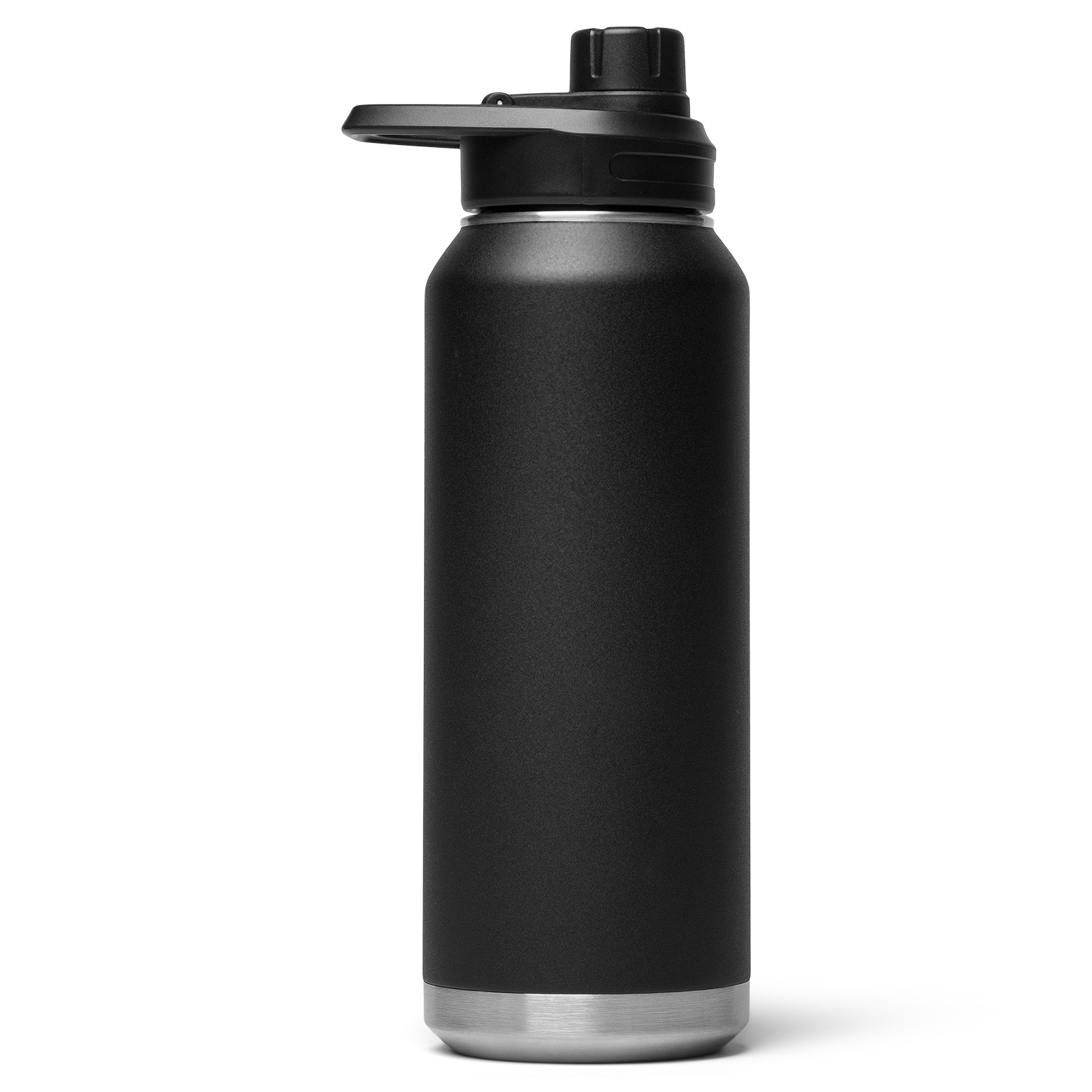 A black 32 oz. water bottle with a flip-top lid.